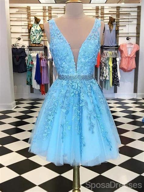 V Neck Blue Lace Short Cheap Homecoming Dresses Online Cm822