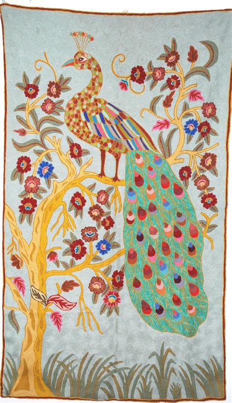Chainstitch Tapestry Woolen Area Rug Peacock Multicolor Embroidery