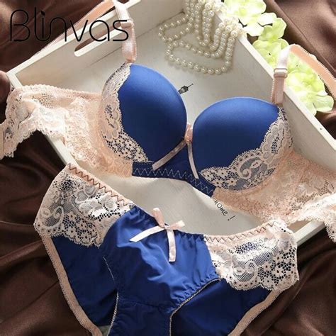 New Luxury Blue Satin Women Underwear Set Push Up Lace Foral Bras Sexy Lingerie Sets Panties For