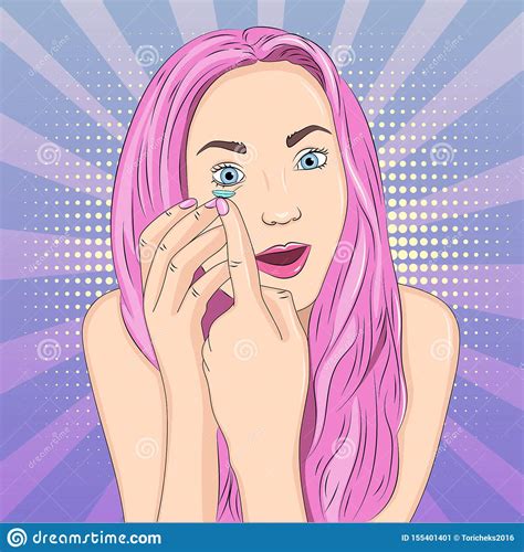 The Girl With Pink Hair Inserts Puts Contact Lenses In The Eye Pop