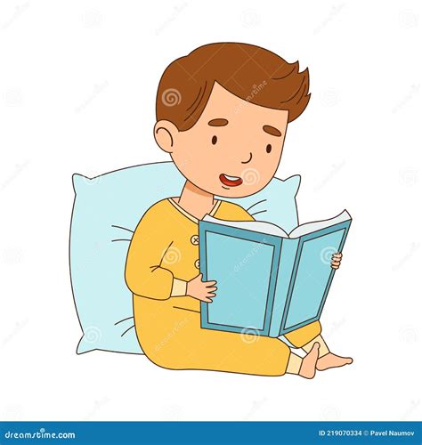 Cute Little Boy Leaning On Pillow Reading Bedtime Story Vector