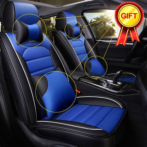 full set car seat cover pu leather 5 seats cushion w pillow blackandblue 4 season ebay