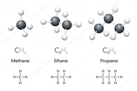 Metano Etano Propano Modelos De Bolas Y Palos Moleculares Y Fórmulas