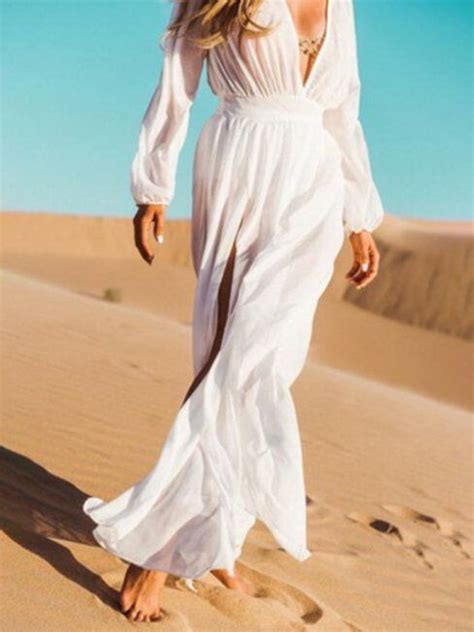 White Beach Flowy Deep V Neck Ruffle Polyester Maxi Dresses Style