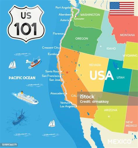 Highway 101 Us Route Map Poster Usa Map Stock Illustration Download
