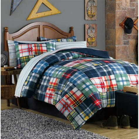Blue Red Yellow And Green Plaid Patchwork Teen Boys Full Comforter Set