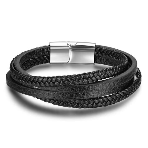 Mens Black Braided Leather Multi Cord Bracelet Stainless Steel Clasp