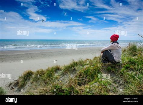 Woman Enjoying The View Over Foxton Beach Kapiti Coast North Island