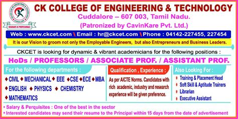 Ck College Of Engineering And Technology Cuddalore Wanted Teaching
