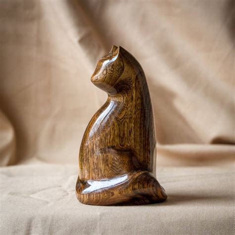 Wooden Cat Statue Wooden Cat Figurine Wood Carving Hand