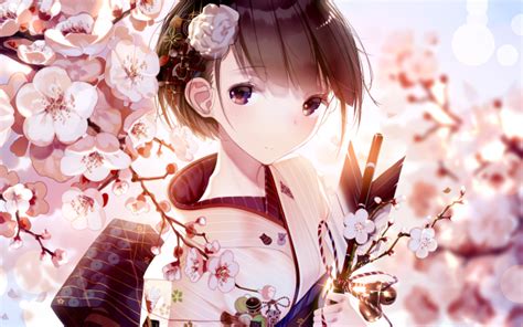 Wallpaper Anime Girl Kimono Sakura Blossom Cute Short
