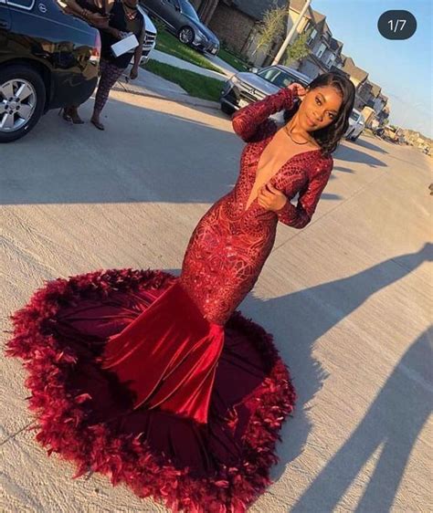 red prom dresses 2020 sparkly feather mermaid long sleeve deep v neck jzbridal