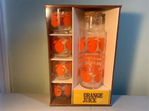 Nos Vintage Libbey Orange Juice Server Set Glass Decanter Carafe And 4 Glasses 29 99 Picclick