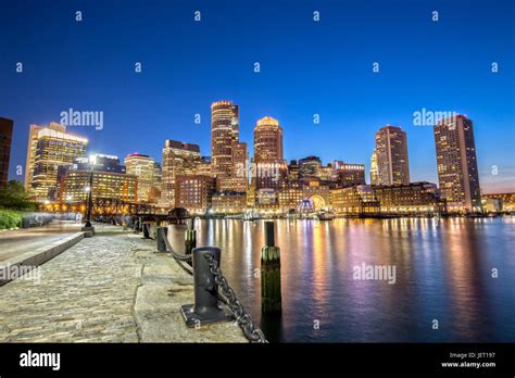 Boston Skyline From Downtown Harborwalk At Night Stock Photo Alamy