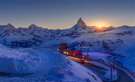 Nature Landscape Mountain Winter Snow Sunset Train