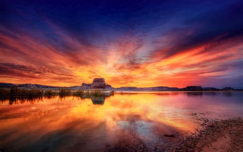 Hd Sunset Blue Landscapes Trees Lakes Rivers Widescreen Wallpaper