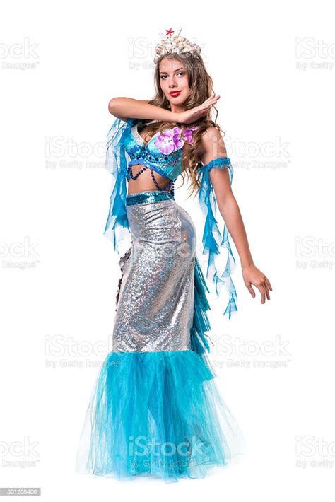 Carnival Dancer Girl Dressed As A Mermaid Posing Isolated On Stock