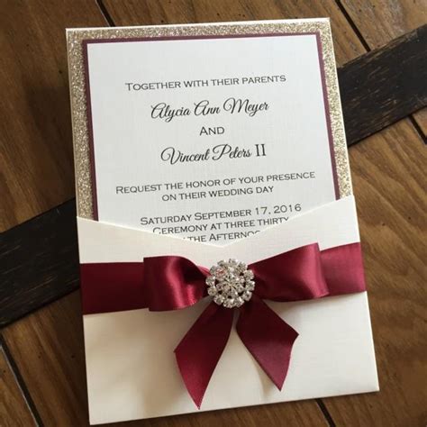 Burgundy And Gold Leaf Glitter Pocket Wedding Invitation Elegant