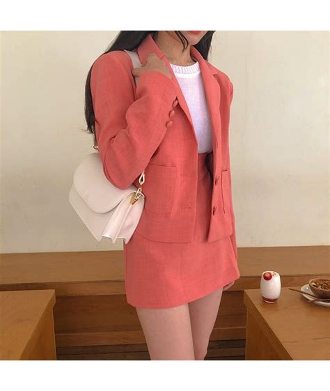 New Women 2 Piece Pink Skirt Set Notched Long Sleeve Jacket Blazer Top
