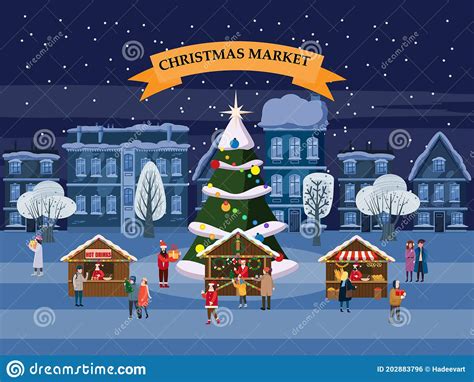 Christmas Market Holiday Fairs Or Festive On City Square People Walk