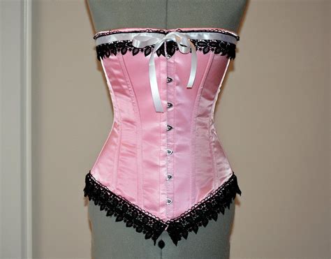 Historic Pink Satin Overbust Authentic Corset With Black Lace Steel Boned Corset For