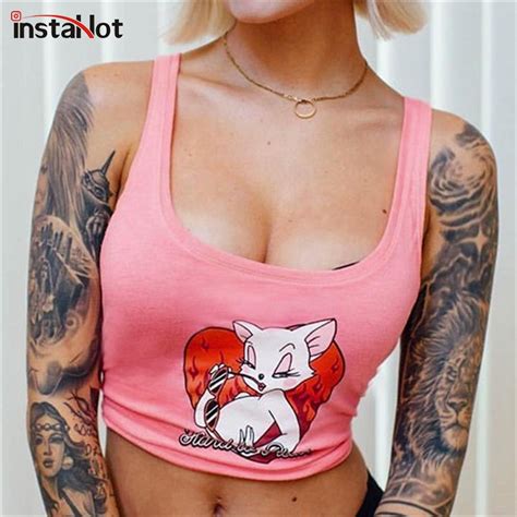 sexy new lady cat print sleeveless tank tops women pink sexy low cut crop tops casual summer