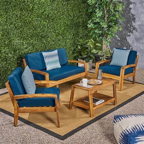 Wilcox Outdoor 4 Piece Acacia Wood Conversation Set With Cushions Teak