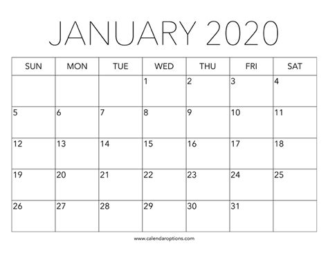 Printable January 2020 Calendar Calendar Options