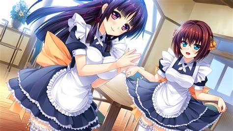 2girls Amagai Yukino Black Hair Blue Eyes Brown Hair Candysoft Game Cg Long Hair Maid