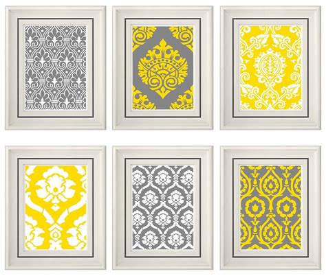 Set Of Six Modern Yellowgrey Wall Art Print Set By Catsbeads