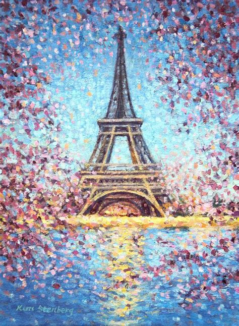 Paris Eiffel Tower Painting Cherry Blossom Spring Original Oil
