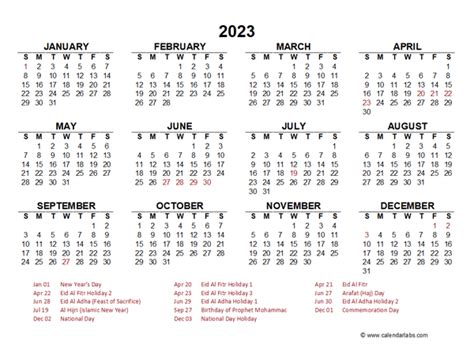 2023 Year At A Glance Calendar With Uae Holidays Free Printable Templates
