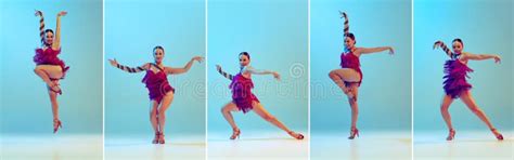 Set Of Images Of Young Artistic Woman In Stylish Dress Dancing Ballroom