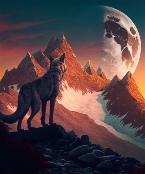 A Wolf Standing On Top Of A Rocky Hill Next To A Full Moon With