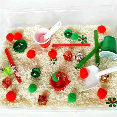 Toddler Holiday Sensory Bin With Rice And Pompoms My Bored Toddler