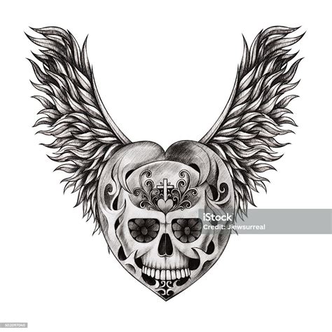 Art Skull Heart Wings Tattoo Stock Illustration Download Image Now