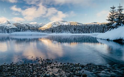 Landscape Photography Nature Lake Mountains Forest Morning Sunlight Snow Winter
