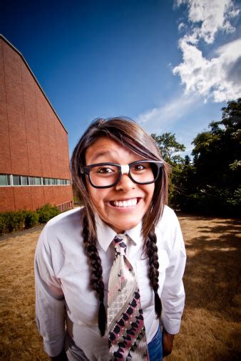 Smiling Girl Nerd Outside Of Her School Stock Photo Download Image