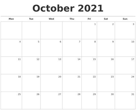 October 2021 Blank Monthly Calendar