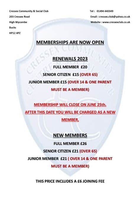 Membership Renewals Reminder Cresmunity Centre High Wycombe