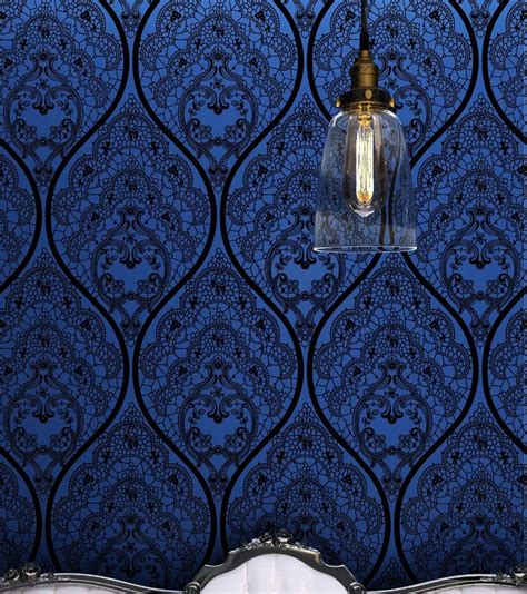 High End Bark Blue Black Velvet Wallpaper European Damask