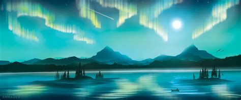Island Boat Mountains Trees Moonlight Digital Painting Aurorae