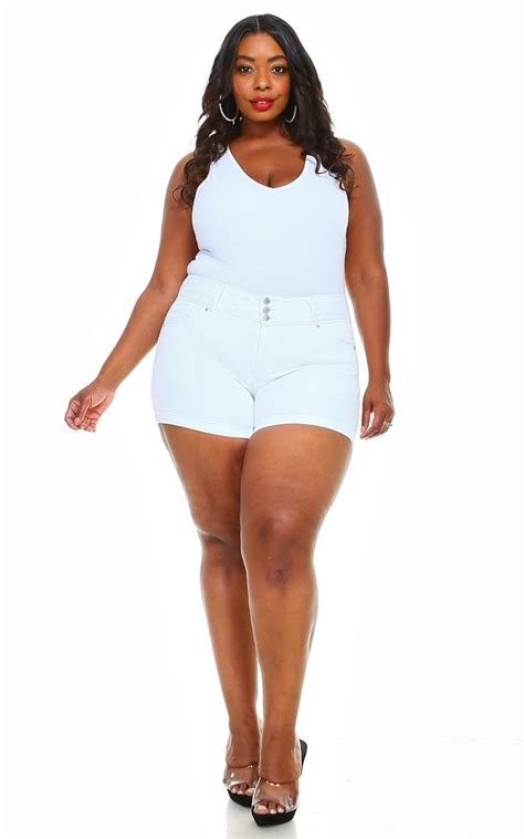 Plus Size Stretchy 3 Button Cuffed Denim Shorts White