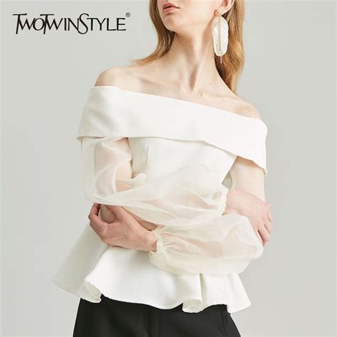 Twotwinstyle Autumn White T Shirts For Women Slash Neck Puff Sleeve Off Shoulder Short Tops