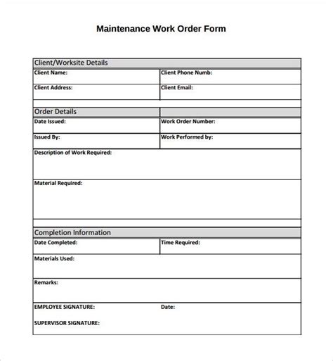 Maintenance Work Order Form Templates Printable Free Words Order