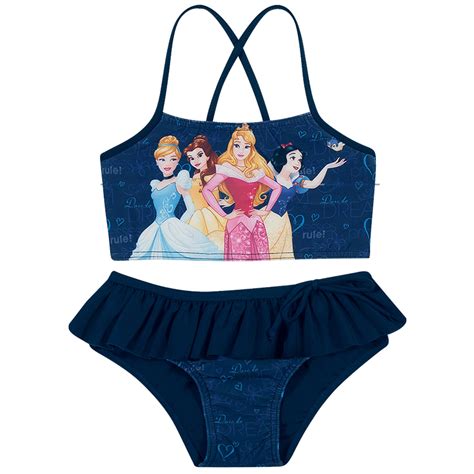 Biquíni Infantil Cropped Tirinhas Azul Marinho Princesas Disney Tip Top