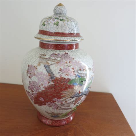 Vintage Japan Urn Covered Vase With Floral Bird Crackled Design Marked