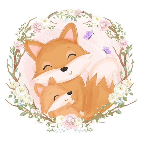 Cute Mom And Baby Fox In Watercolor Illustration Vector Art At Vecteezy