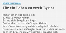 "FÜR EIN LEBEN ZU ZWEIT" LYRICS by ROGER WHITTAKER: Manch einer lebt ...