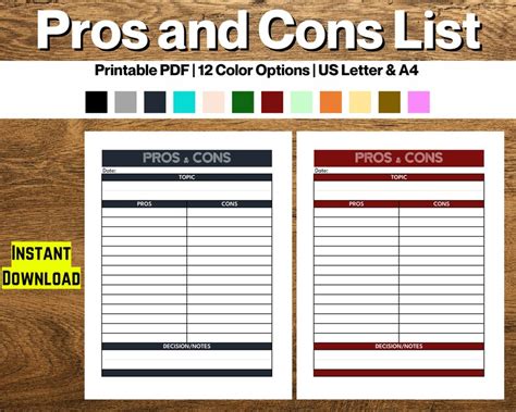 Printable Pros And Cons List Pros And Cons Template Printable Decision Making Template Pros